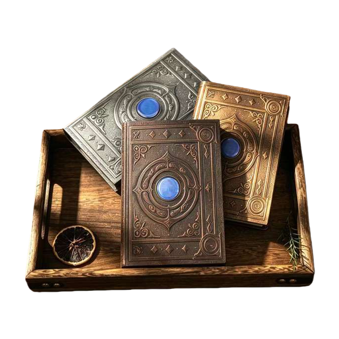 Three ancient book ornaments decorated with carved sapphires are elegantly displayed on wooden trays as collectibles Item Picture