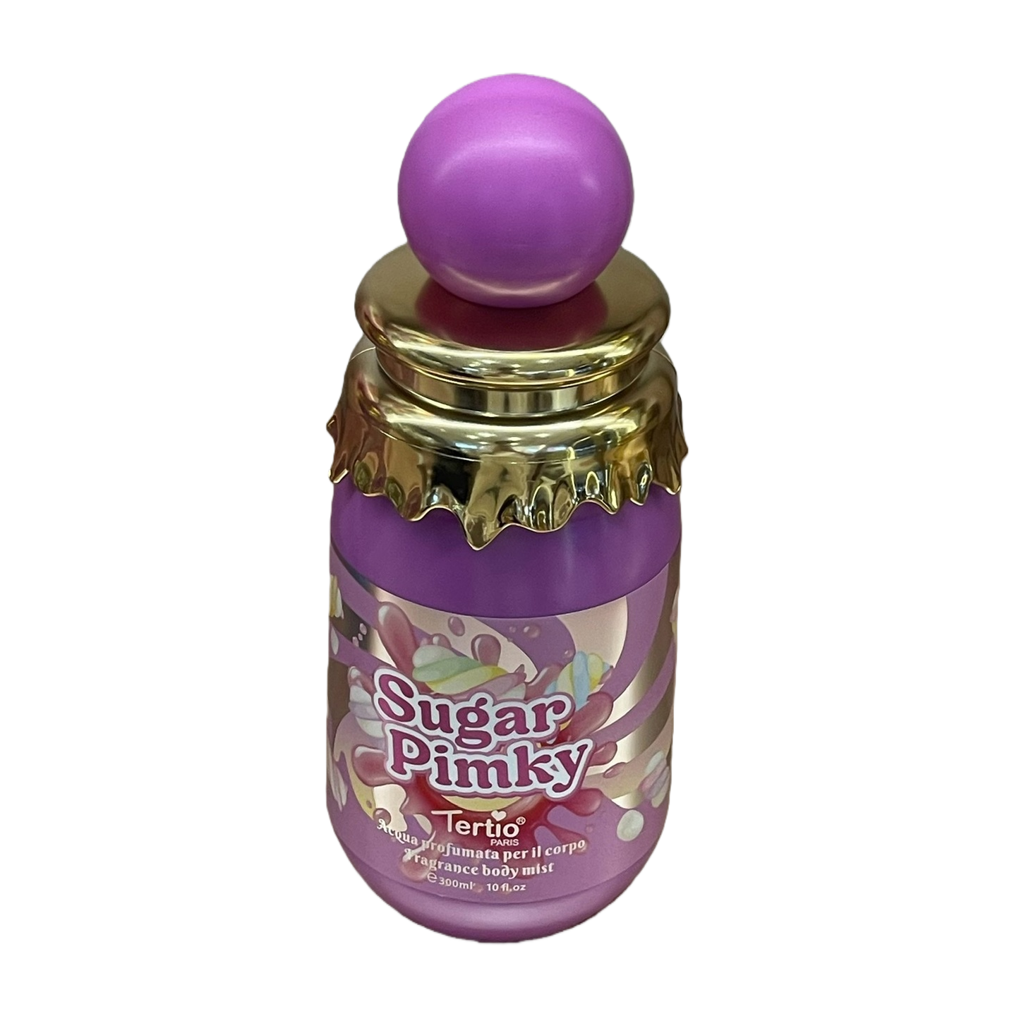 Sugar Pinky Body Spray, purple bottle body, golden cap, purple spherical top decoration, fresh fragrance, long-lasting moisturizing, 300ml Item Picture