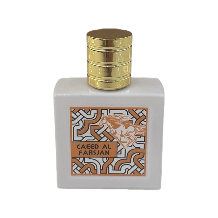 Golden screw cap, white square bottle body, orange-black geometric pattern label, silhouette of galloping horse, CAEEED AL FARSJAN brand packaging Item Picture