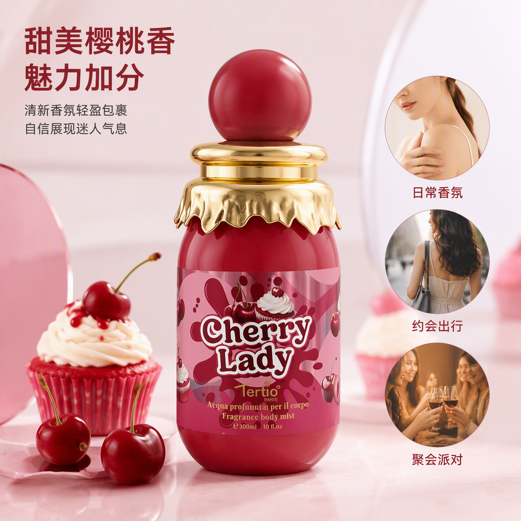 Cherry Lady Perfume spray, pink bottle, golden decoration, long-lasting, light and fresh women's fragrance, 50ml