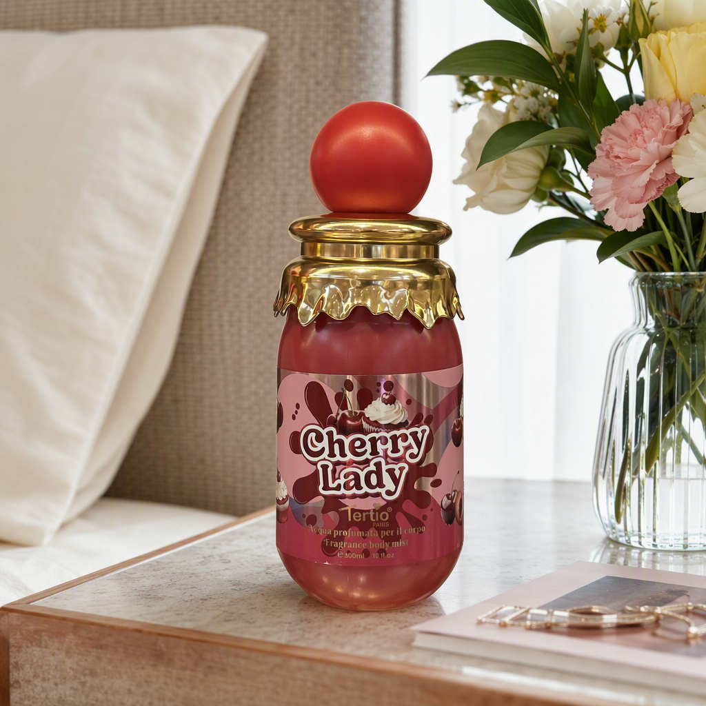 Cherry Lady Perfume spray, pink bottle, golden decoration, long-lasting, light and fresh women's fragrance, 50ml details Picture