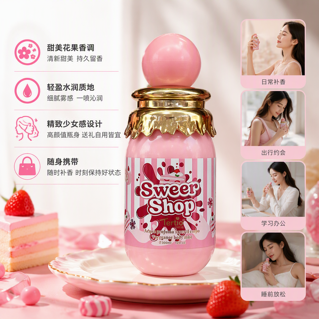 Sweet Shop's pink bottle with a golden crown adorns the body spray with a long-lasting, fresh and girlish fragrance