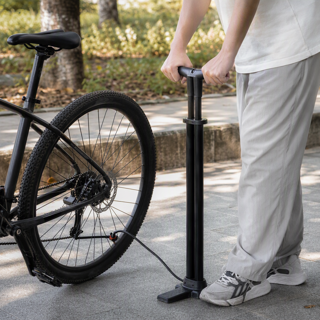 High-strength black double-tube air pump, portable bicycle air cylinder, multi-functional air pressure tool details Picture