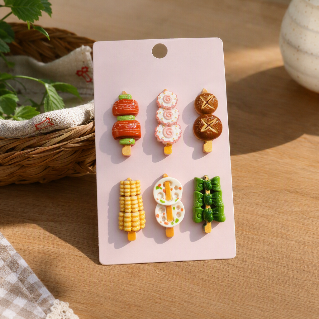 Pink card, six food-shaped hair clips, skewers, sugar-coated haws on a stick, bread, corn, lotus root, zongzi, cute hair accessories, children's hair clips as gifts details Picture