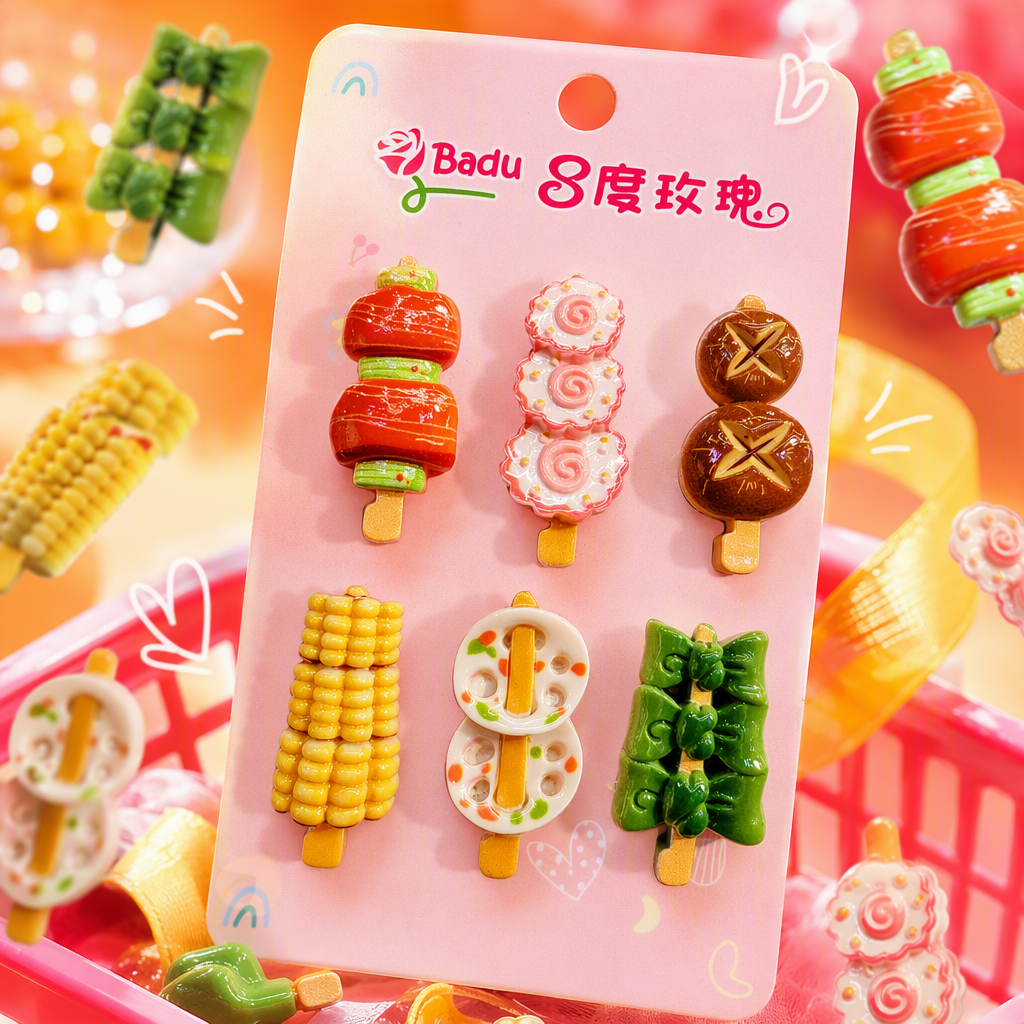 Pink card, six food-shaped hair clips, skewers, sugar-coated haws on a stick, bread, corn, lotus root, zongzi, cute hair accessories, children's hair clips as gifts Specification image