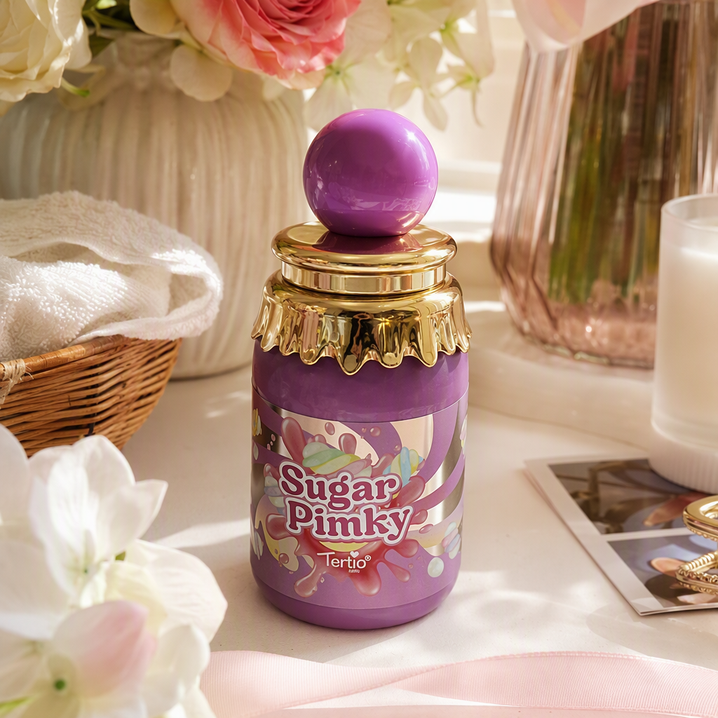 Sugar Pinky Body Spray, purple bottle body, golden cap, purple spherical top decoration, fresh fragrance, long-lasting moisturizing, 300ml details Picture