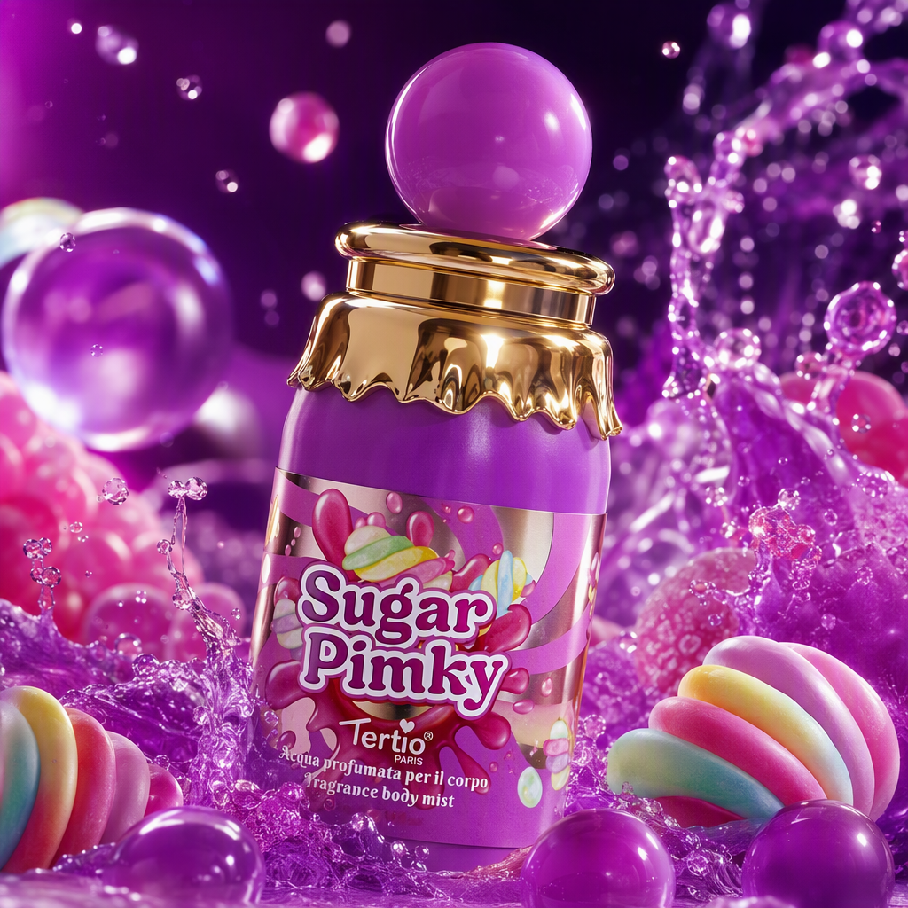 Sugar Pinky Body Spray, purple bottle body, golden cap, purple spherical top decoration, fresh fragrance, long-lasting moisturizing, 300ml Specification image