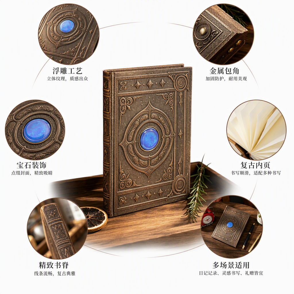 Three ancient book ornaments decorated with carved sapphires are elegantly displayed on wooden trays as collectibles Three ancient book ornaments decorated with carved sapphires are elegantly displayed on wooden trays as collectibles