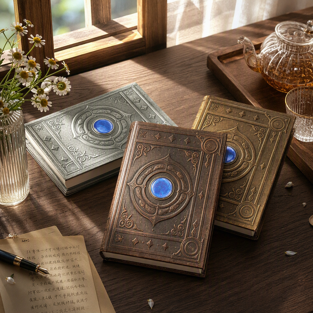 Three ancient book ornaments decorated with carved sapphires are elegantly displayed on wooden trays as collectibles details Picture
