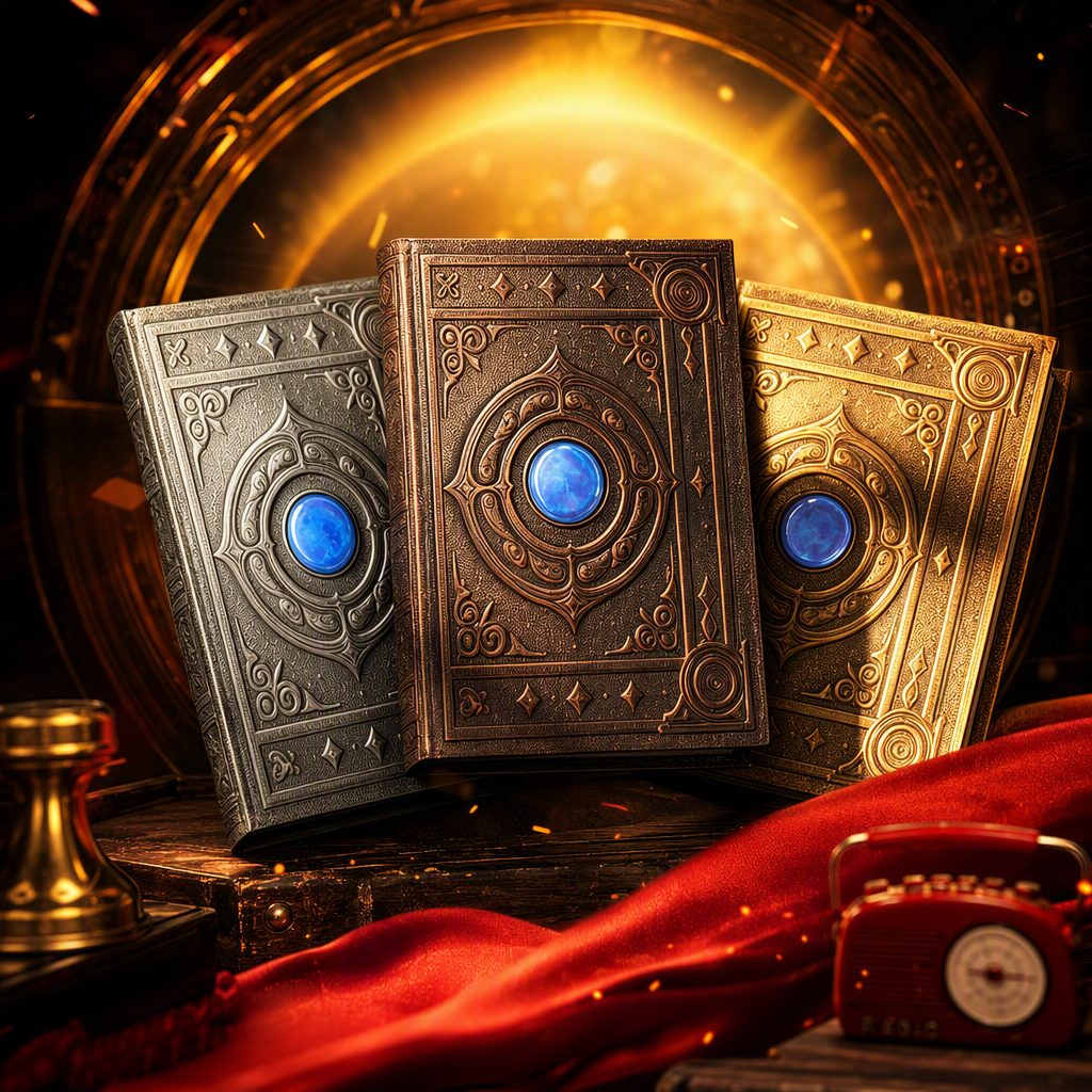 Three ancient book ornaments decorated with carved sapphires are elegantly displayed on wooden trays as collectibles Specification image