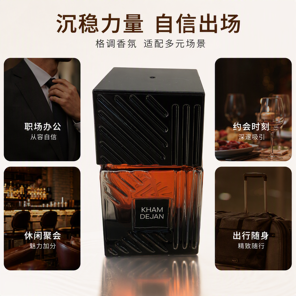 Black square perfume bottle with diagonal and vertical line textures, orange-red liquid, KHAM DEJAN brand fragrance premium