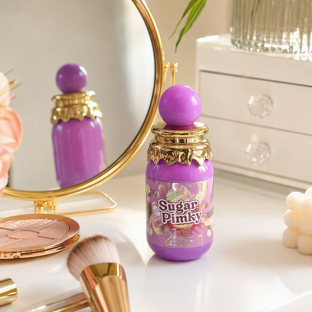 Sugar Pinky Scented Spray, purple bottle body, golden wavy edge cap, long-lasting fragrance, fresh and elegant for girls details Picture