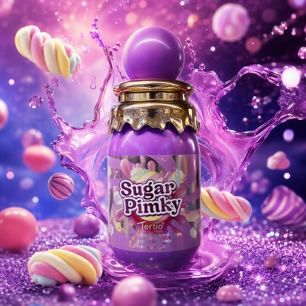Sugar Pinky Scented Spray, purple bottle body, golden wavy edge cap, long-lasting fragrance, fresh and elegant for girls Specification image