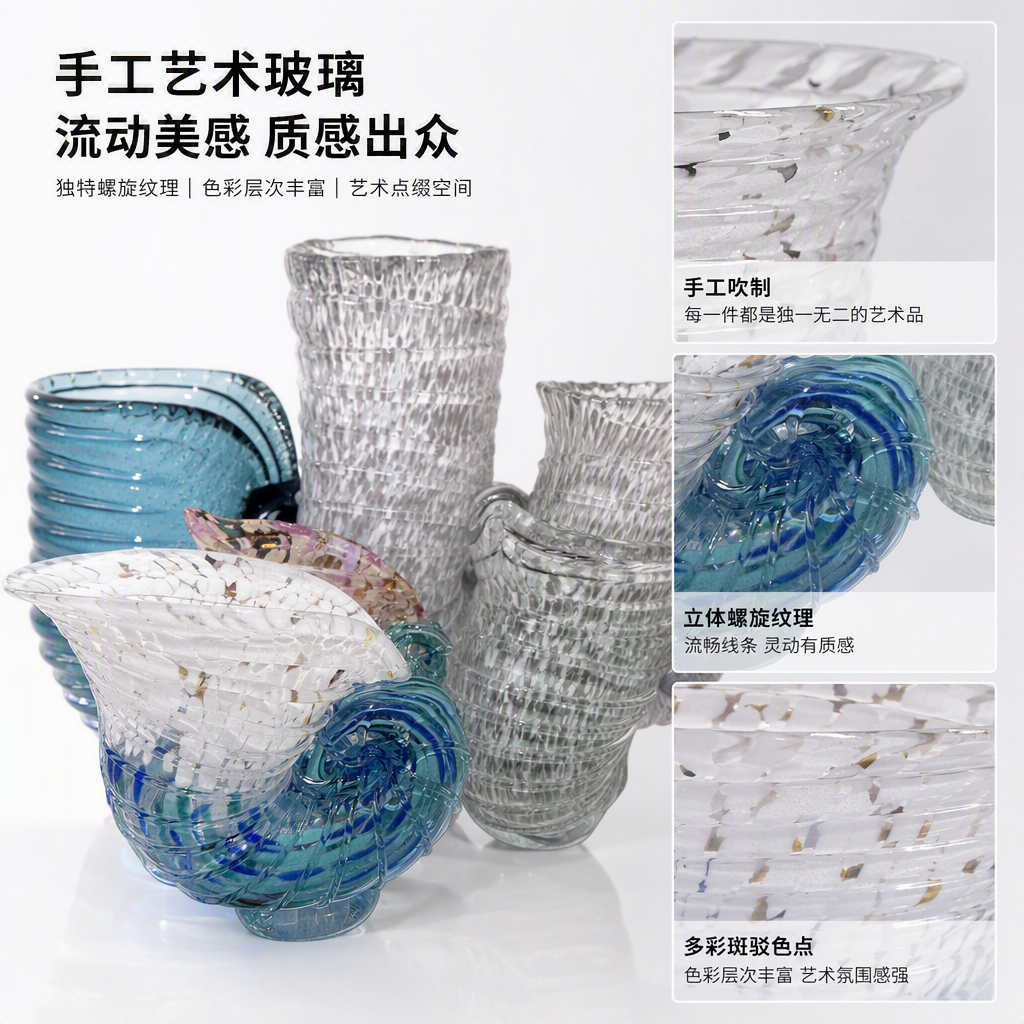 蓝白螺旋玻璃工艺品手工雕刻创意家居摆件装饰品艺术收藏