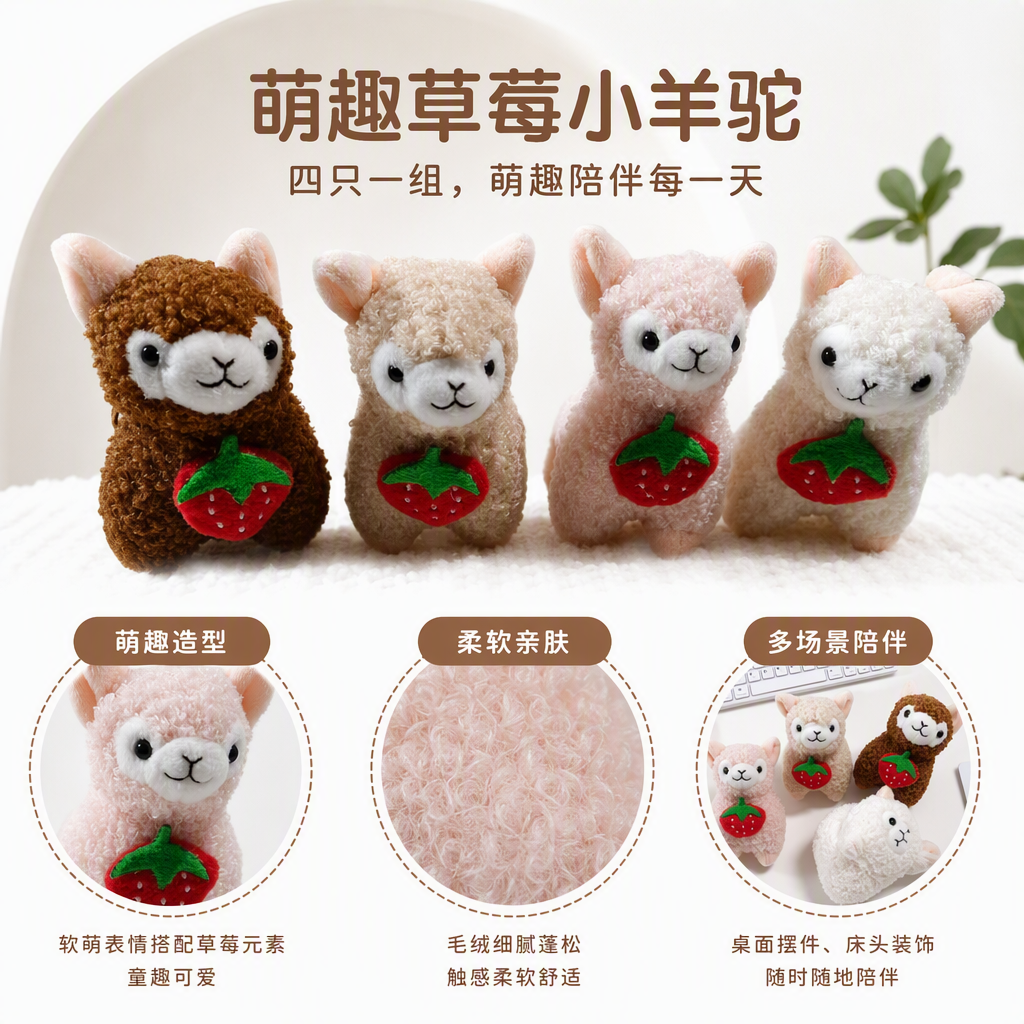 Simulación peluche alpaca muñeca cuatro sosteniendo fresa decoración muñeca colgante