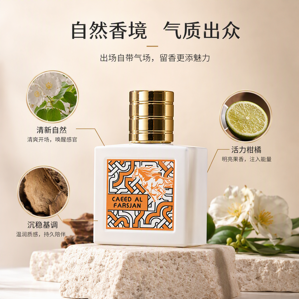 Golden screw cap, white square bottle body, orange-black geometric pattern label, silhouette of galloping horse, CAEEED AL FARSJAN brand packaging
