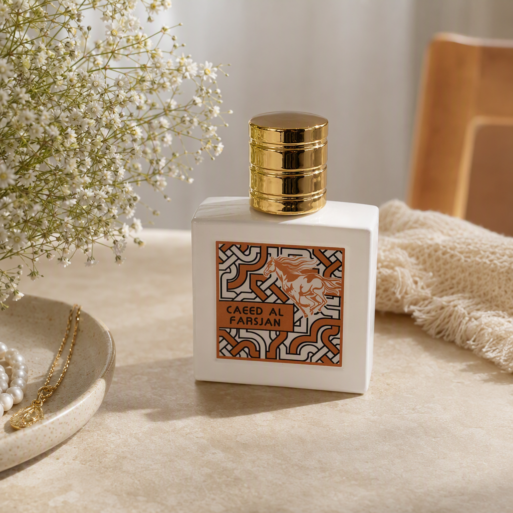 Golden screw cap, white square bottle body, orange-black geometric pattern label, silhouette of galloping horse, CAEEED AL FARSJAN brand packaging details Picture