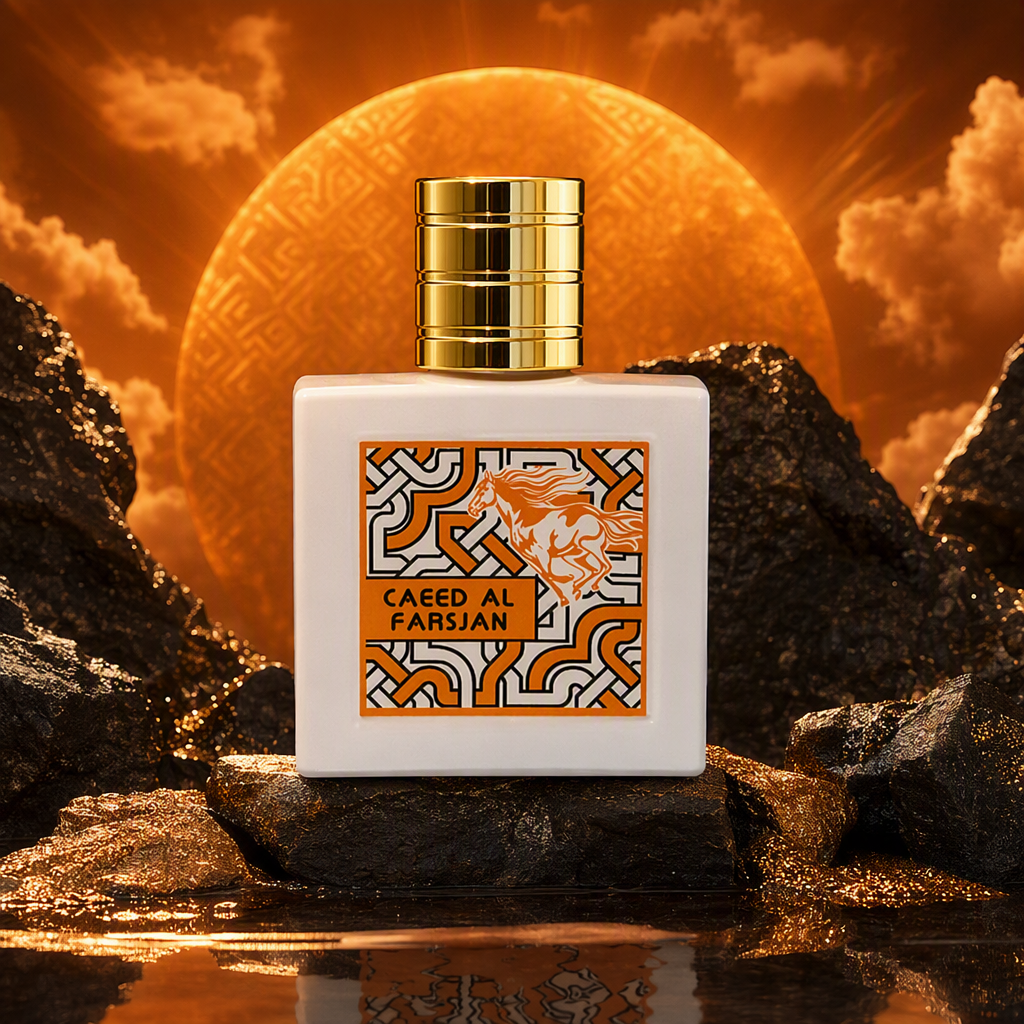 Golden screw cap, white square bottle body, orange-black geometric pattern label, silhouette of galloping horse, CAEEED AL FARSJAN brand packaging Specification image