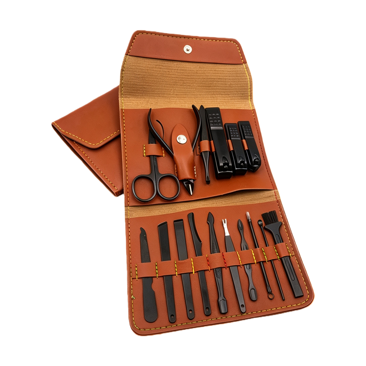 High-end brown leather nail care tool set, professional nail trimming scissors, pliers, nail files, push knives, tweezers, brushes, full set of care products Item Picture