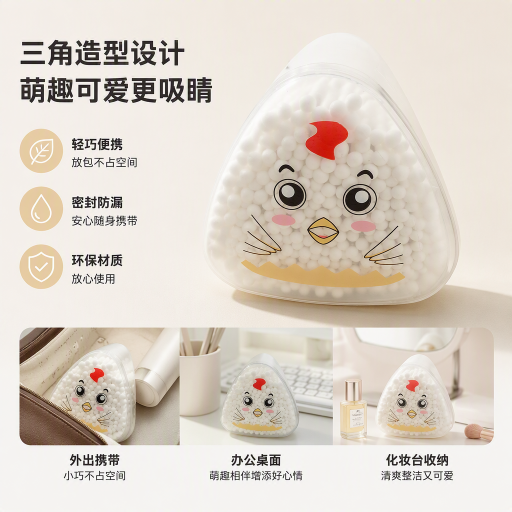 透明三角形棉球收纳盒卡通小鸡图案创意收纳整理盒儿童家居用品收纳箱