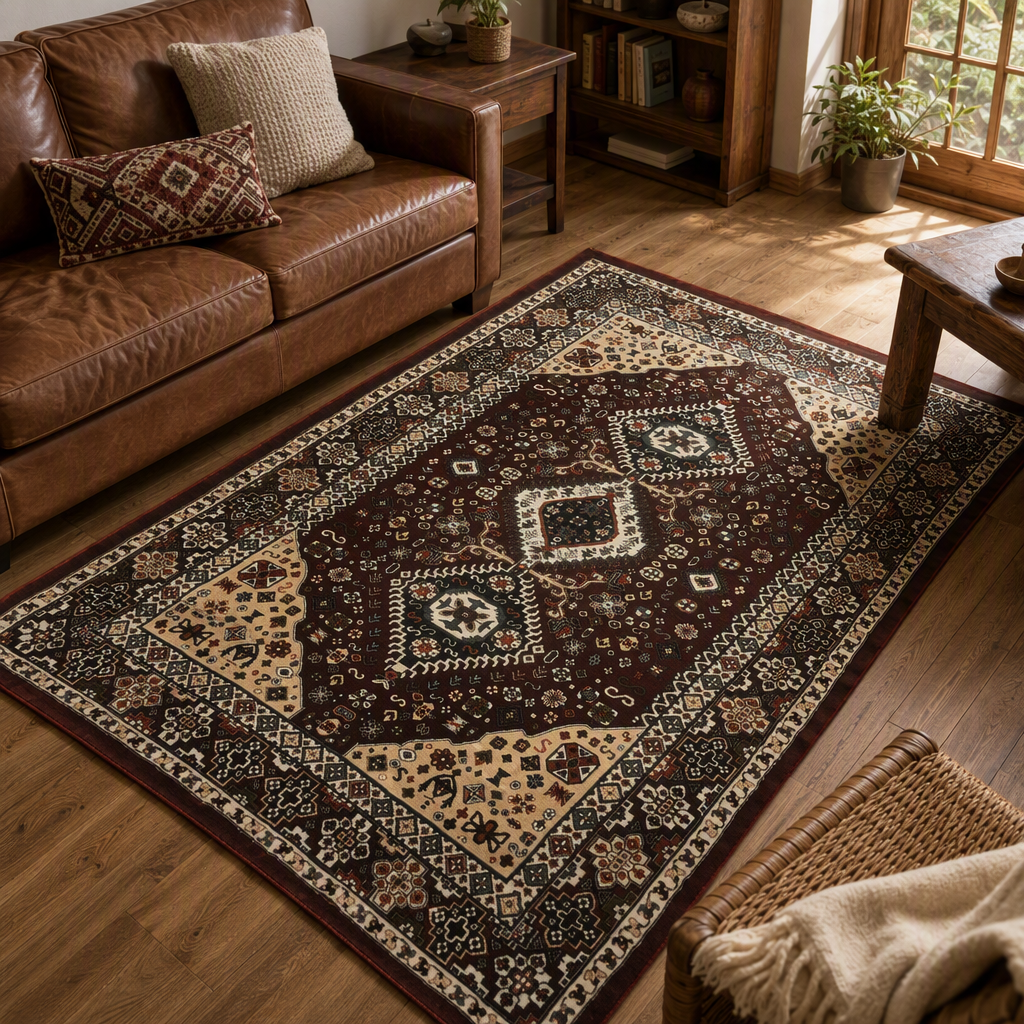 Fashionable geometric pattern carpet with a red base color for living room and bedroom floor MATS, modern and simple home carpet MATS details Picture