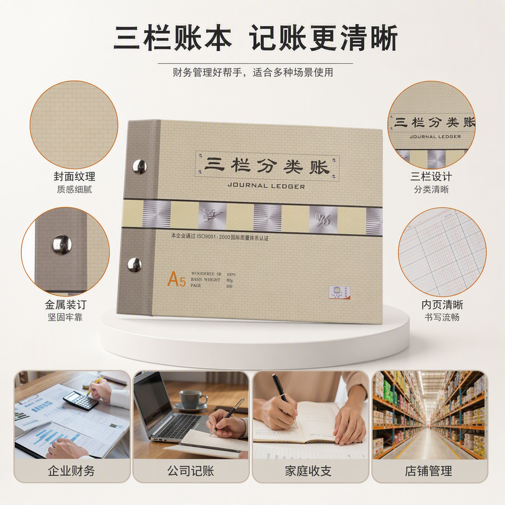 工厂直销米色三栏分类账本A5规格100页80g带金属铆钉封面装饰财务记账本