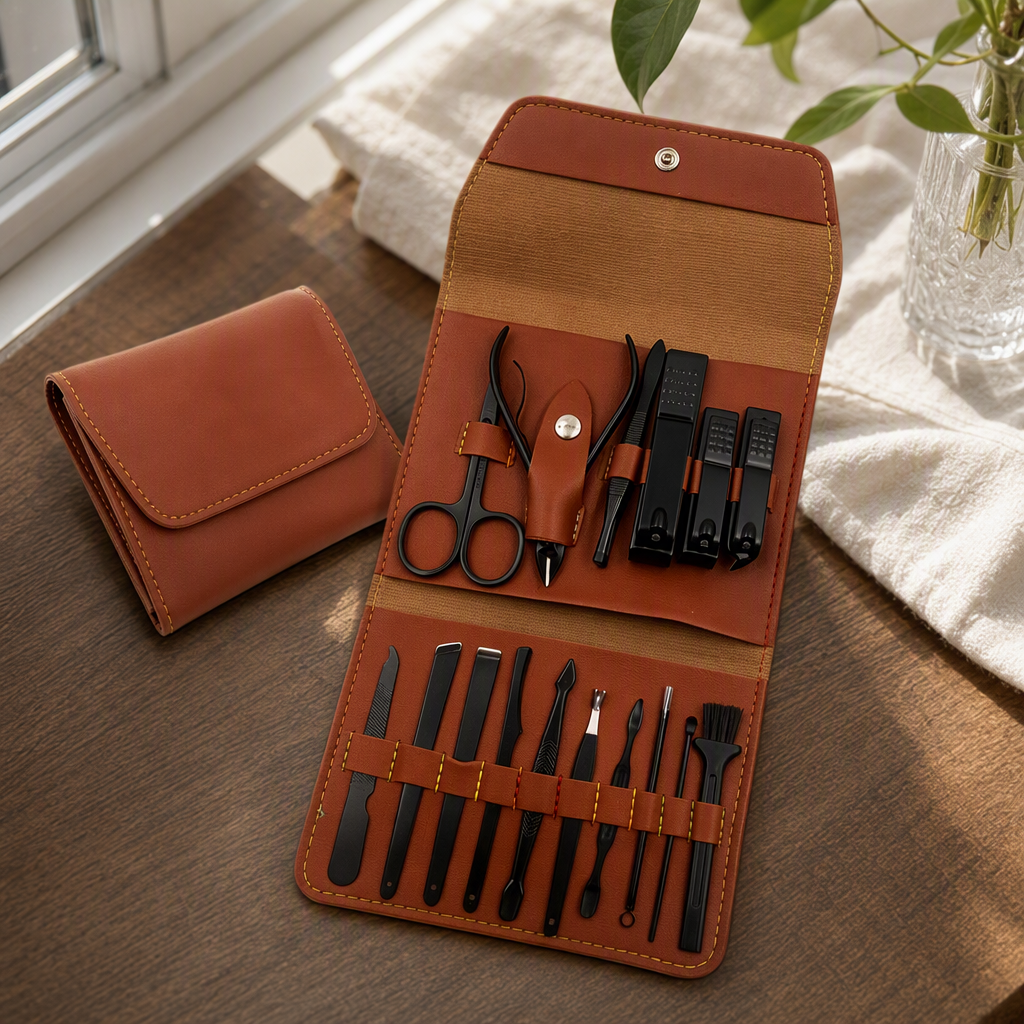 High-end brown leather nail care tool set, nail repair tool set, beauty and nail care supplies, portable storage details Picture