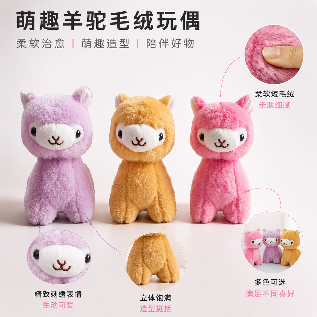 Cute plush alpaca figurines, plush dolls and fun pendants