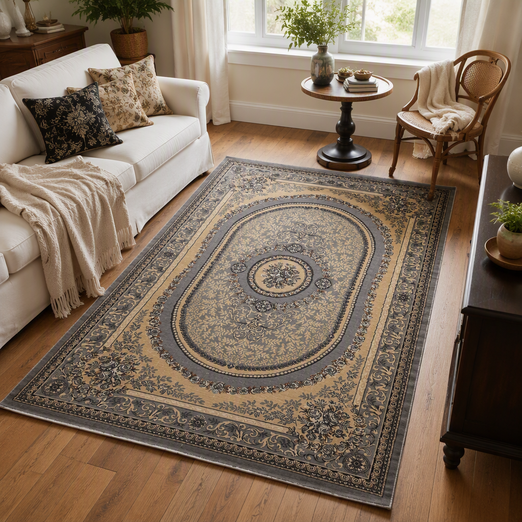 Fashionable grey floral pattern carpet living room and bedroom floor mat, anti-slip and wear-resistant home carpet floor mat details Picture