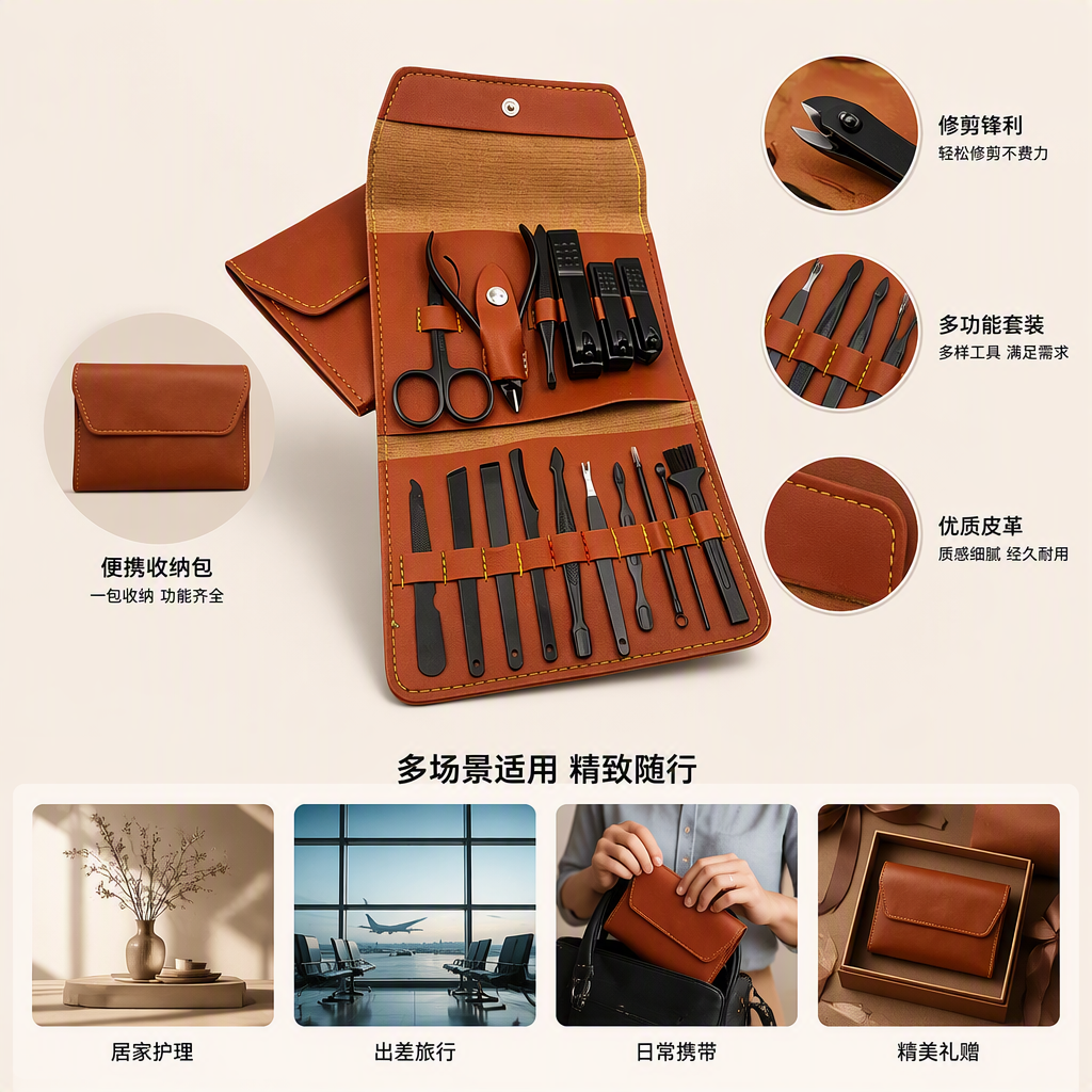 High-end brown leather nail care tool set, professional nail trimming scissors, pliers, nail files, push knives, tweezers, brushes, full set of care products