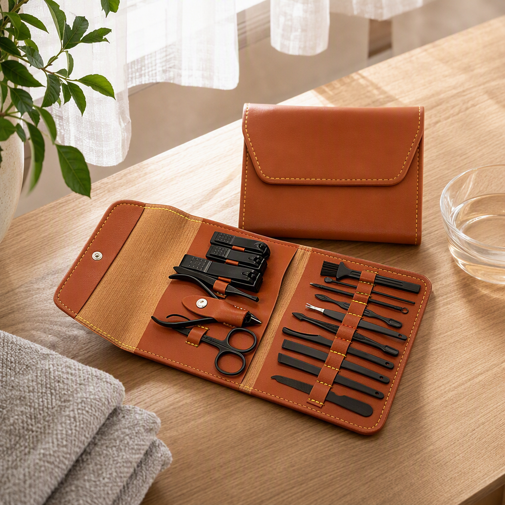 High-end brown leather nail care tool set, professional nail trimming scissors, pliers, nail files, push knives, tweezers, brushes, full set of care products details Picture