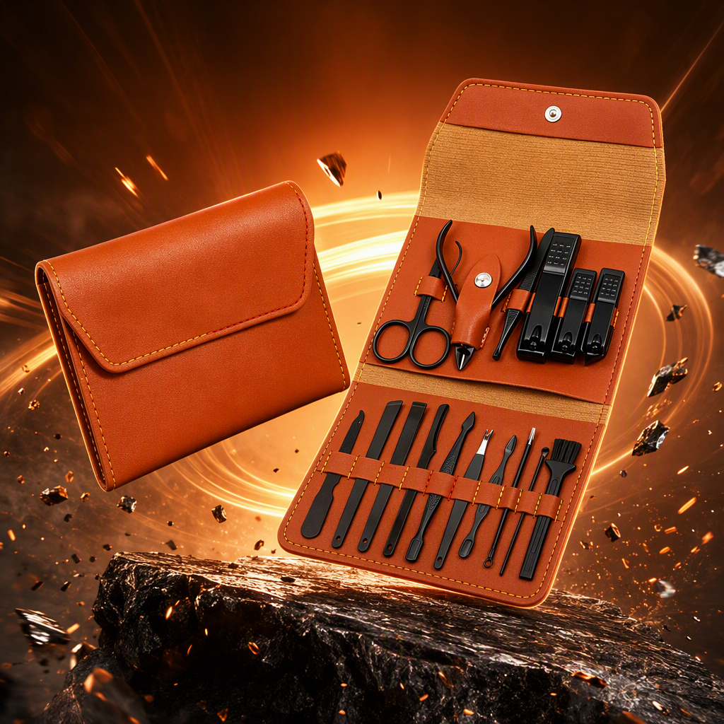 High-end brown leather nail care tool set, professional nail trimming scissors, pliers, nail files, push knives, tweezers, brushes, full set of care products Specification image