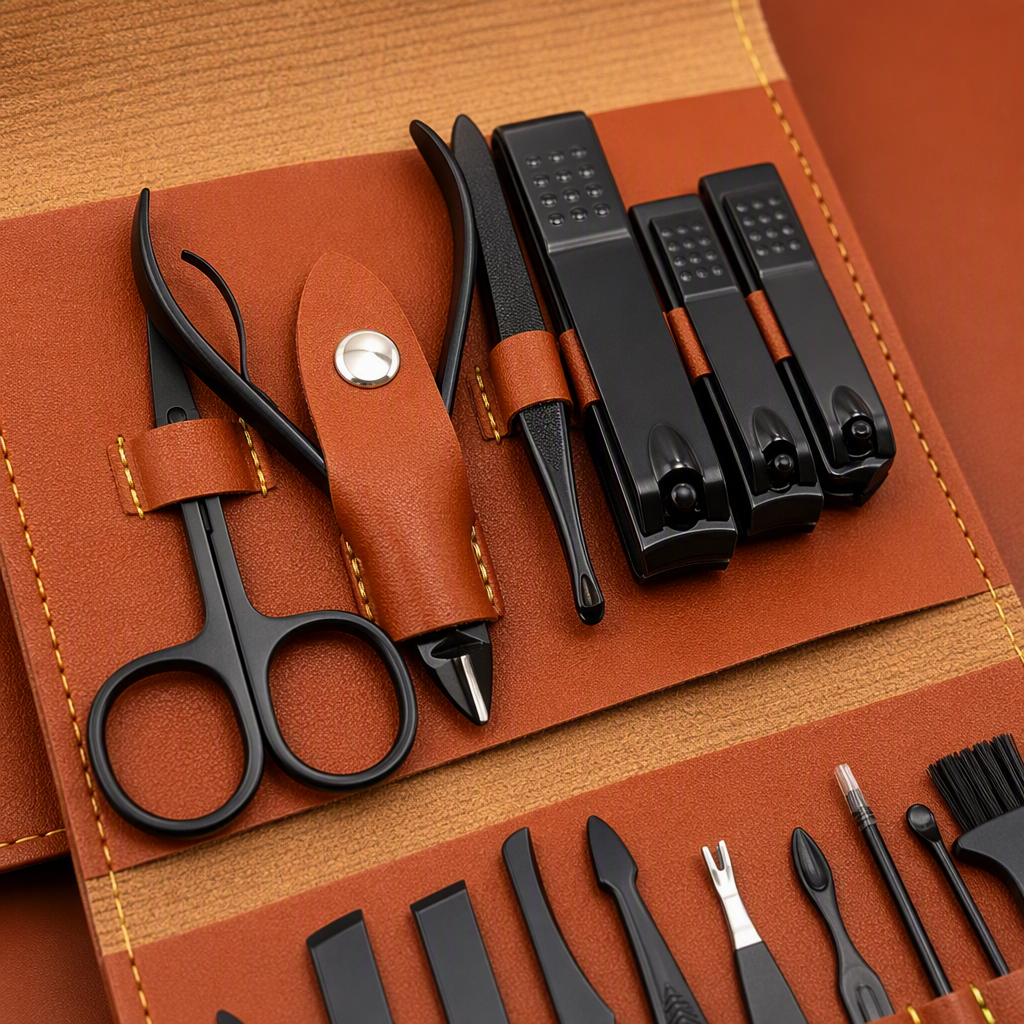 High-end brown leather nail care tool set, professional nail trimming scissors, pliers, nail files, push knives, tweezers, brushes, full set of care products Application Scenario