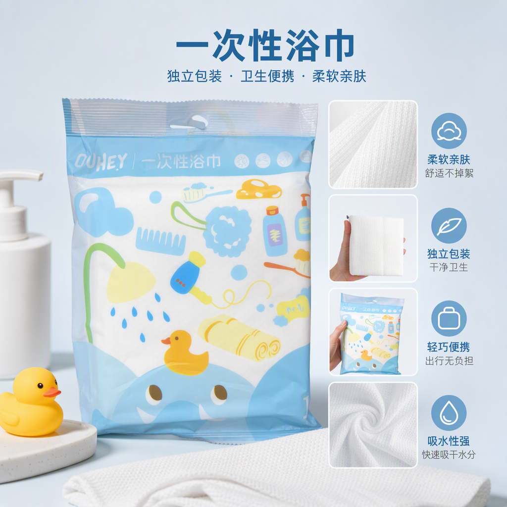 Blue and white packaging bags, disposable bath towels, soft, absorbent, portable travel bath products, specially designed for families and hotels