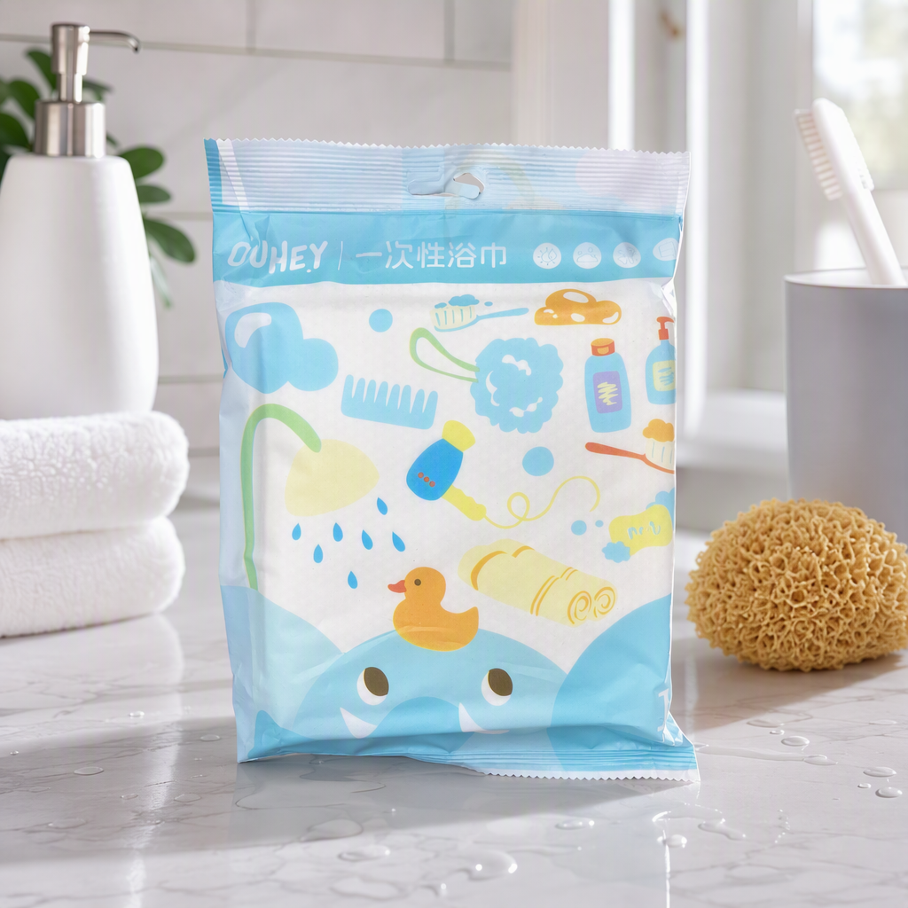 Blue and white packaging bags, disposable bath towels, soft, absorbent, portable travel bath products, specially designed for families and hotels details Picture