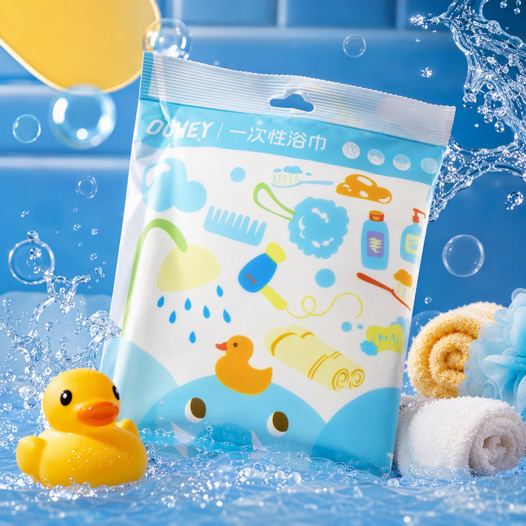 Blue and white packaging bags, disposable bath towels, soft, absorbent, portable travel bath products, specially designed for families and hotels Specification image