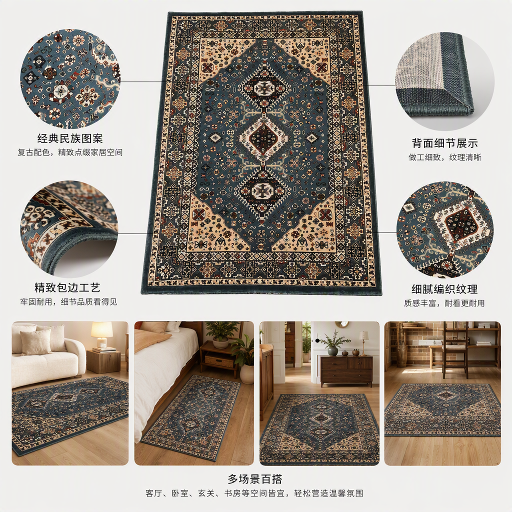 多色花纹蓝底地毯客厅卧室地垫防滑耐磨地毯家用装饰品