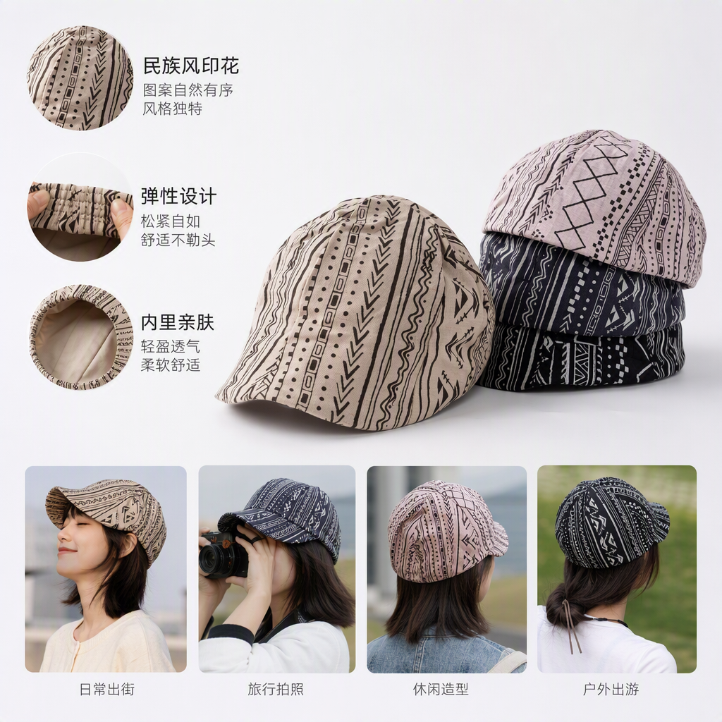 Four creative geometric patterned hats, fashionable and versatile, trendy casual hats for men and women, new summer styles