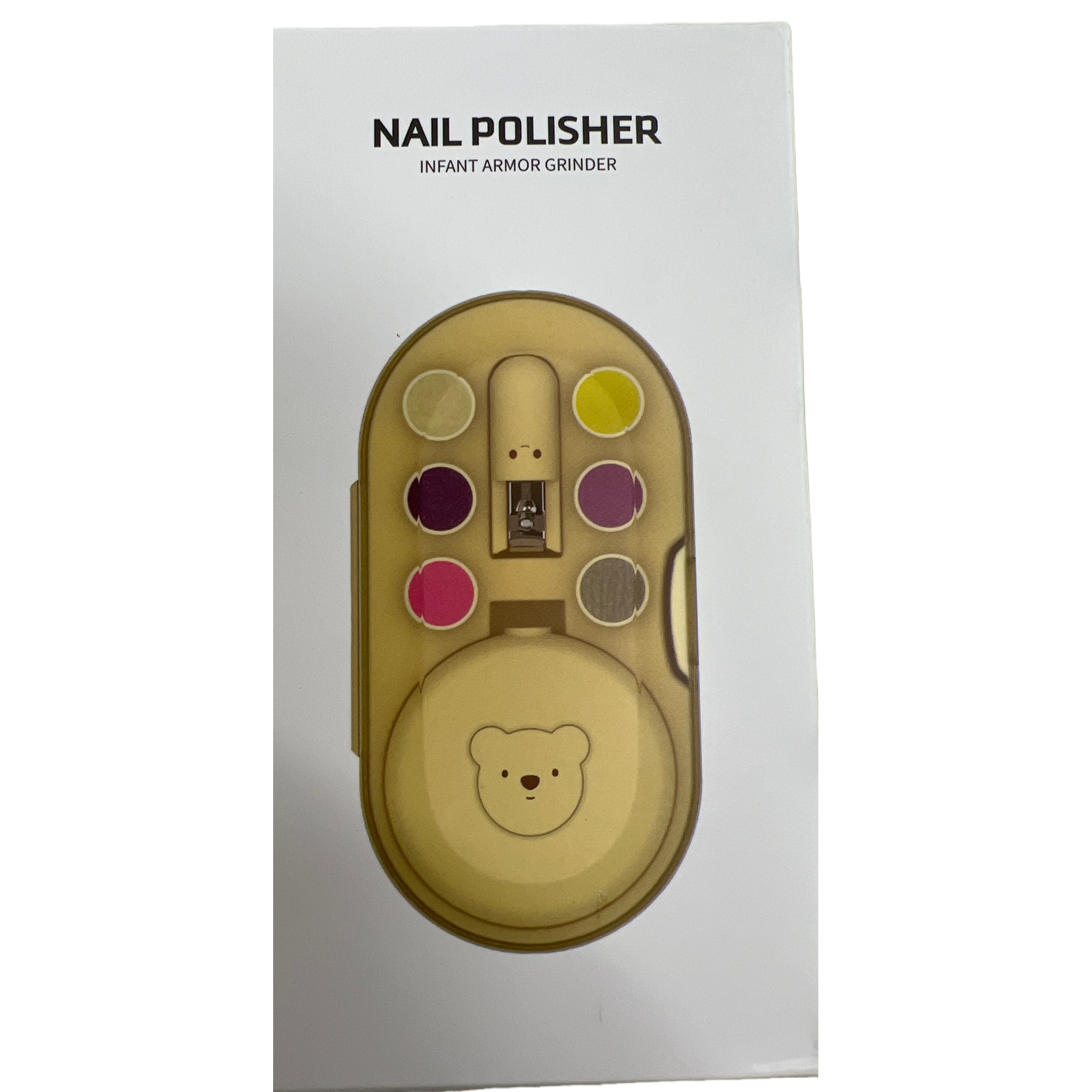 Beige baby nail trimmer with bear pattern, colorful grinding head, safe and soft baby nail trimming tool Item Picture