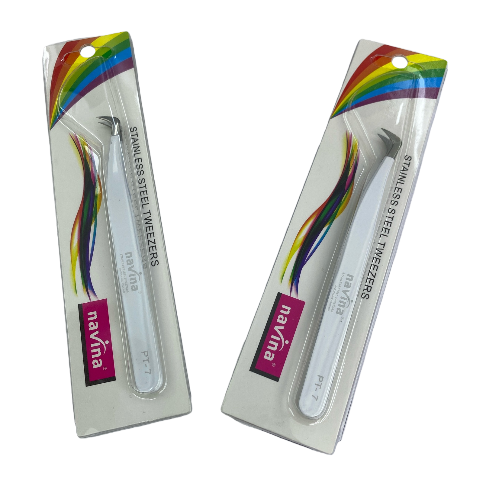 Rainbow pattern, white packaging, stainless steel tweezers, white handle, metal chuck, fine grip, beauty and eyebrow shaping tool navina PT-7 model Item Picture