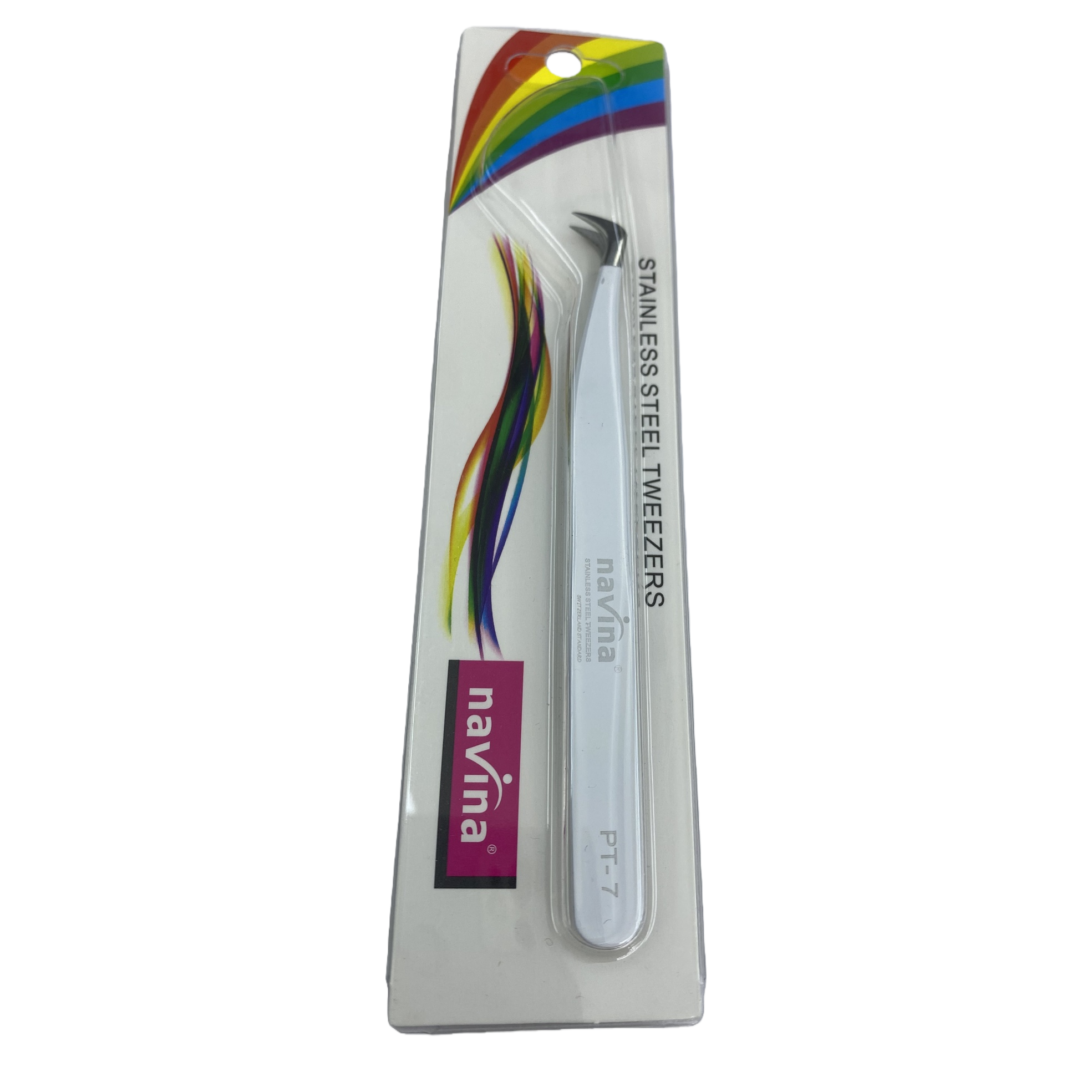 navina stainless steel tweezers PT-7 with rainbow pattern white packaging, a delicate beauty tool for holding Item Picture