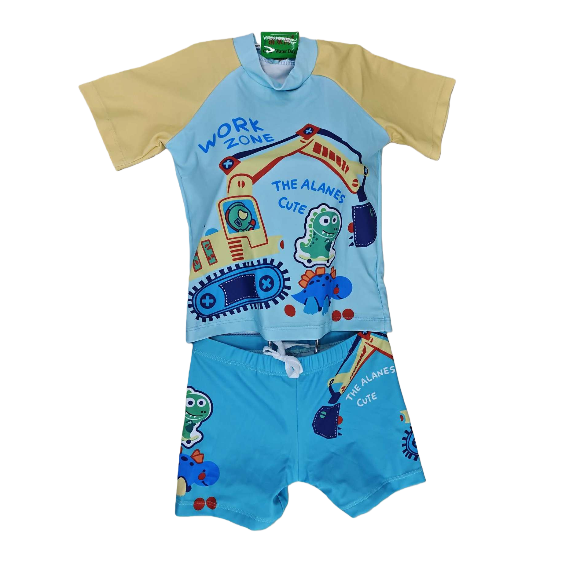 Children's swimsuit set for boys and girls, summer waterproof printed cartoon excavator dinosaur shorts and top two-piece set Item Picture