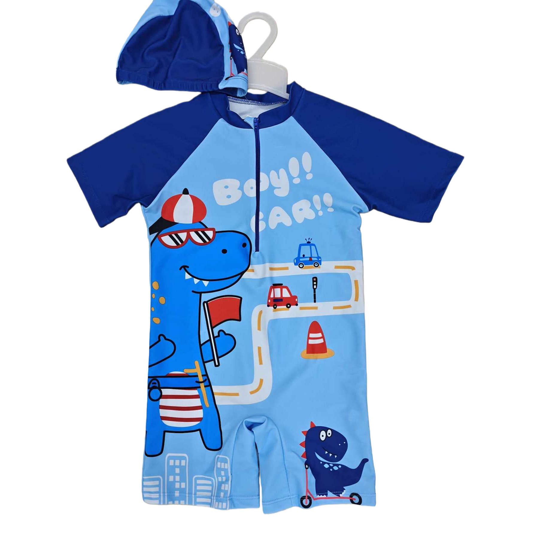 Children's one-piece swimsuit with blue and white color-blocked printed dinosaur cartoon pattern. Boys' swimsuit with blue swimming cap, new summer style Item Picture