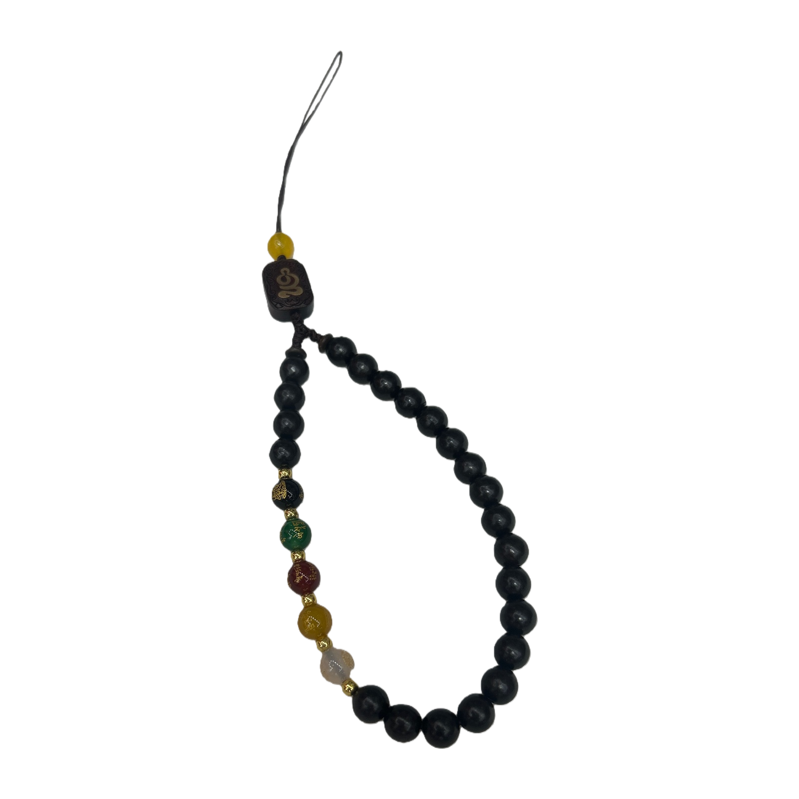 Black beaded mobile phone lanyard, colorful decorative beaded engraved wooden pendant, fashionable, simple and versatile piece Item Picture