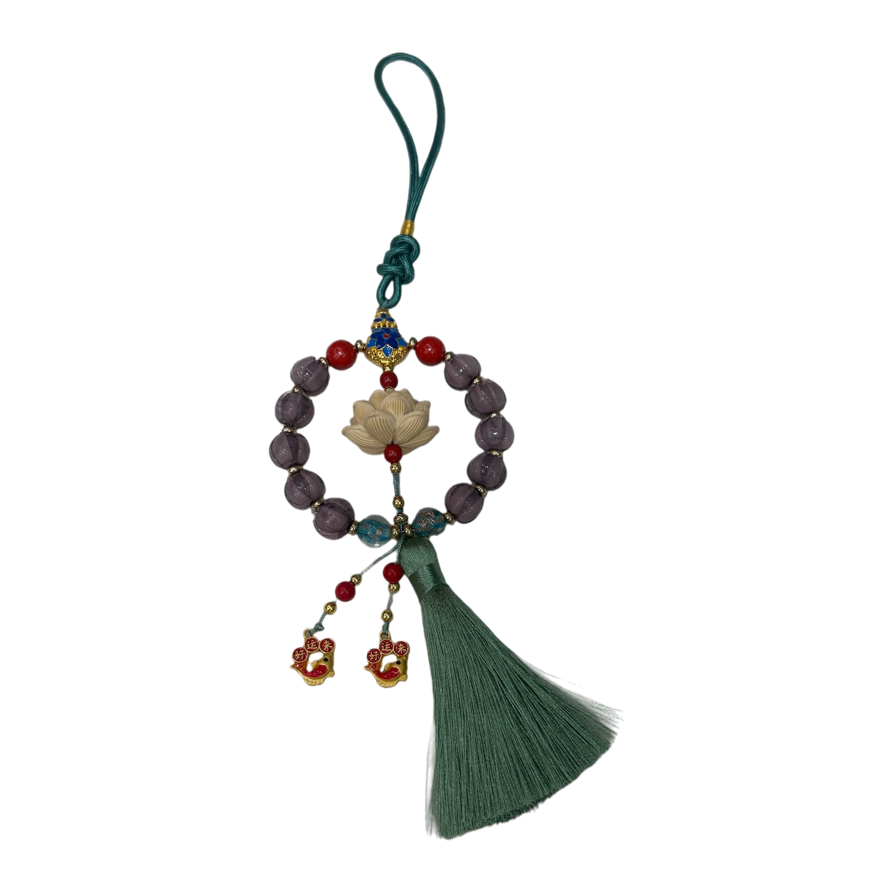 Purple beaded lotus pendant, red beads, blue and gold enamel "Good Luck" small fish pendant, fashionable accessory, gift collection Item Picture