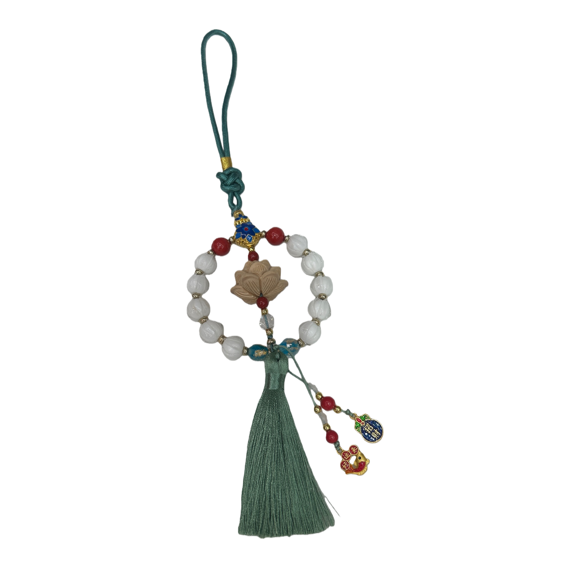 A fashionable green lanyard paired with a lotus bead pendant is simple, versatile and trendy accessory for both women and men Item Picture