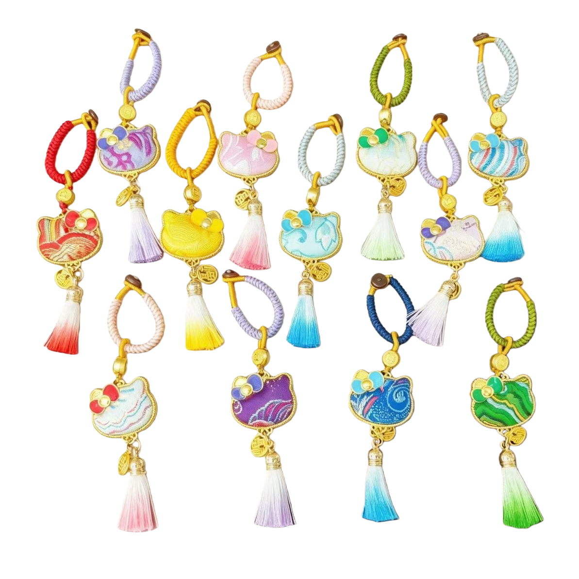 Colorful embroidered Hello Kitty round pendant, decorated with colorful woven rope tassels and beige silk background, fashionable and cute accessory Item Picture