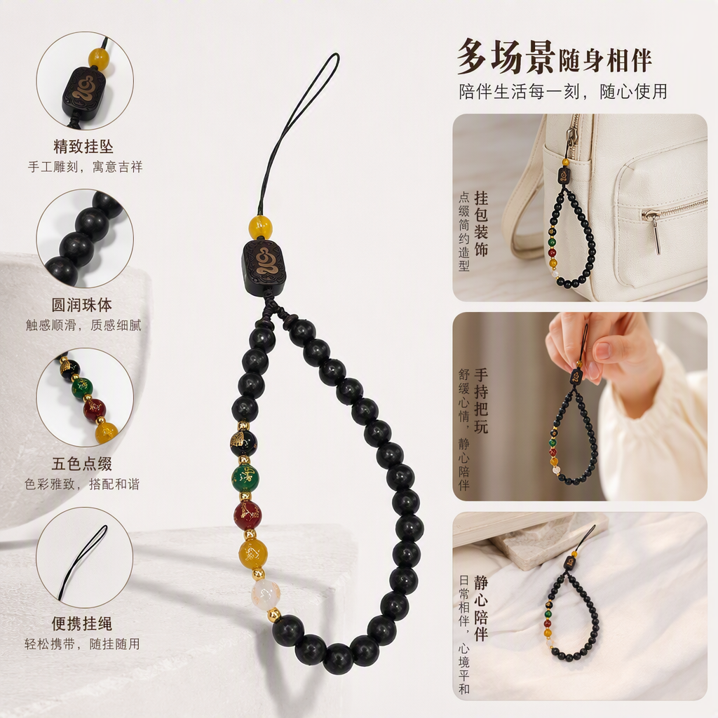 Black beaded mobile phone lanyard, colorful decorative beaded engraved wooden pendant, fashionable, simple and versatile piece