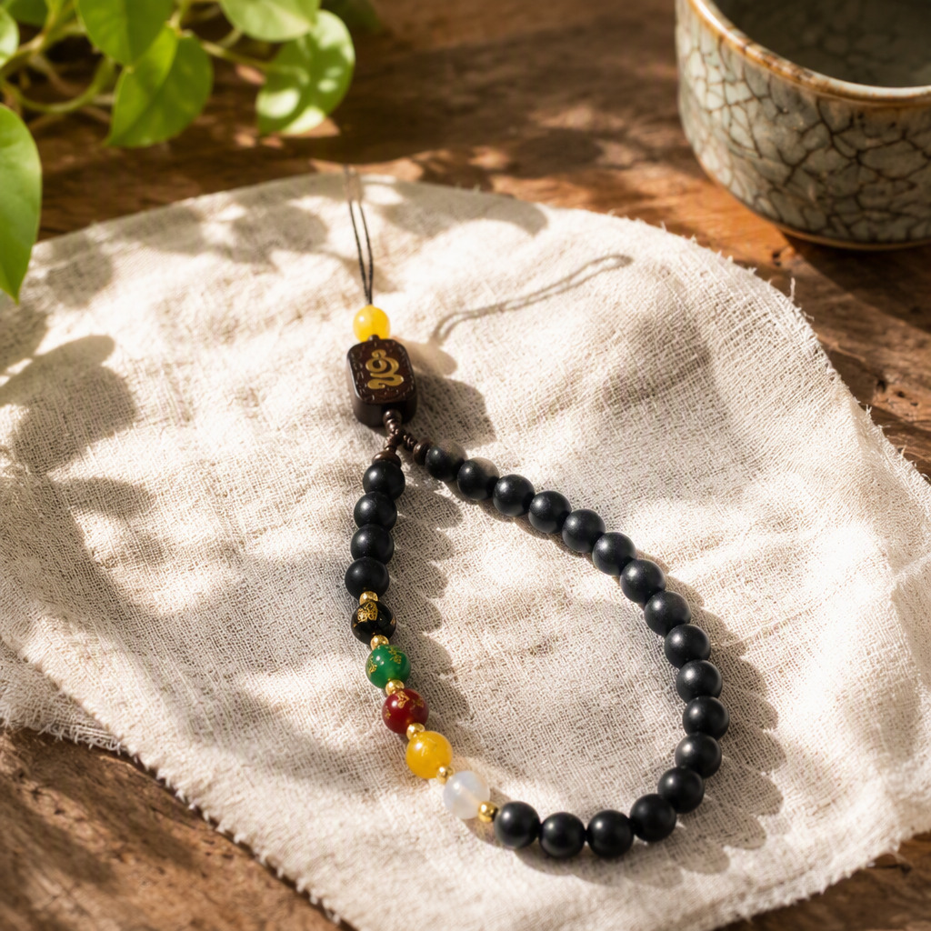 Black beaded mobile phone lanyard, colorful decorative beaded engraved wooden pendant, fashionable, simple and versatile piece details Picture