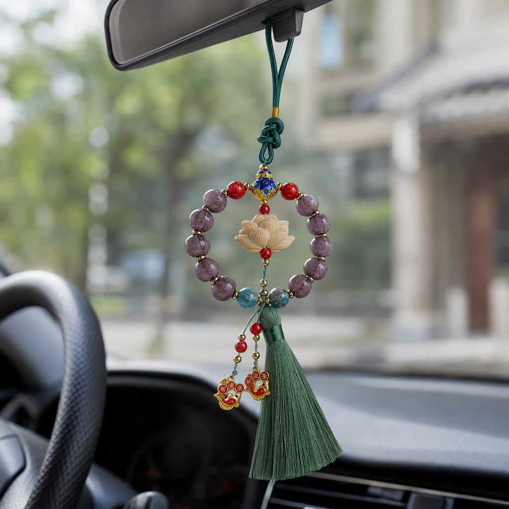 Purple beaded lotus pendant, red beads, blue and gold enamel "Good Luck" small fish pendant, fashionable accessory, gift collection details Picture